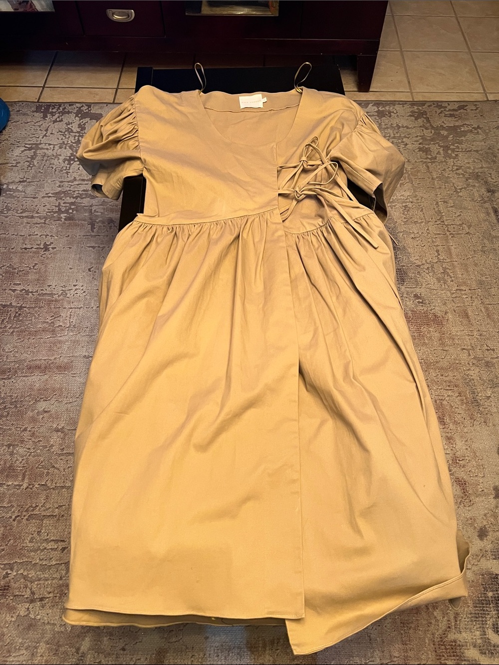 Kika Vargas Tan Puff-Sleeve Wrap Midi Dress with Side Tie